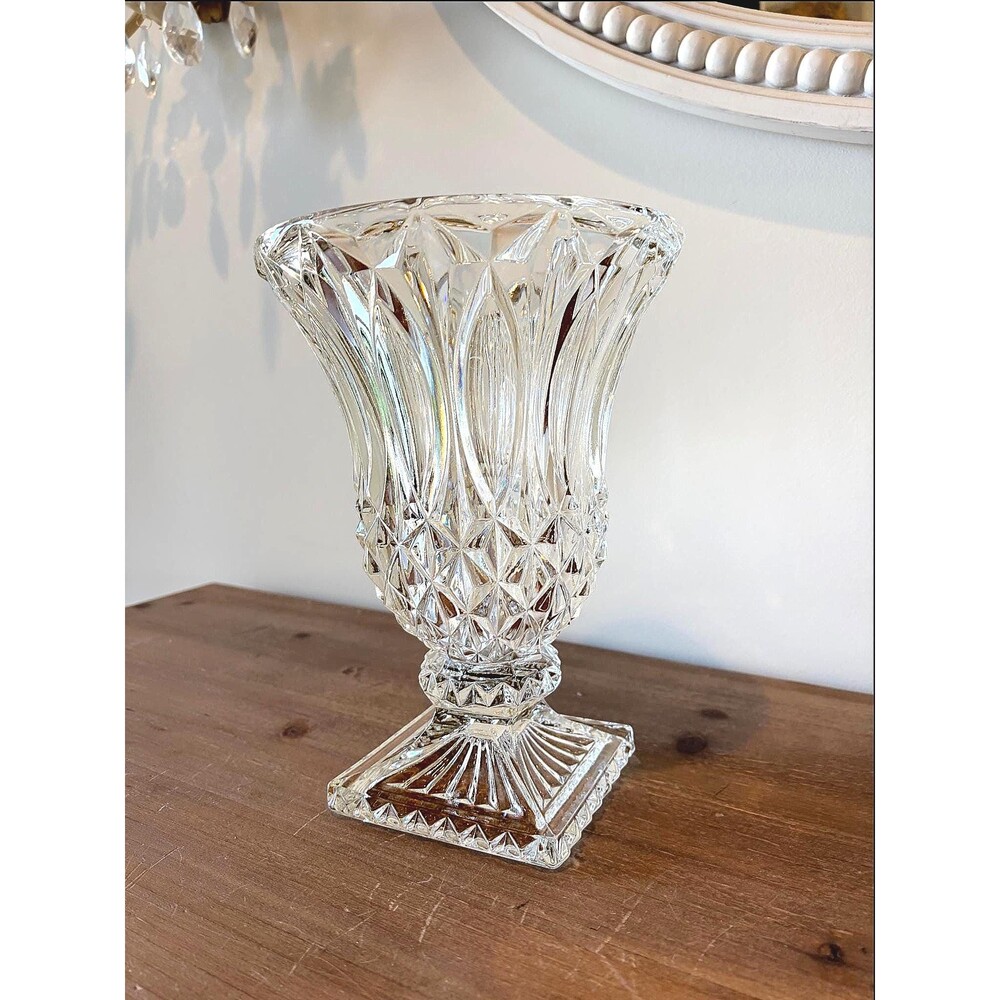 Vintage Heavy Cut Lead Crystal Urn Vase Flared Diamond Pedestal Square Base